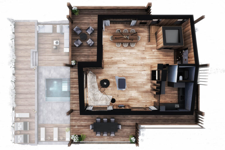 Exklusive 3D-Visualisierung eines Chalets in Südtirol mit Outdoor-Pool, privatem Spa und spektakulärem Bergpanorama