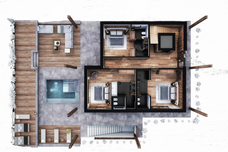 Exklusive 3D-Visualisierung eines Chalets in Südtirol mit Outdoor-Pool, privatem Spa und spektakulärem Bergpanorama
