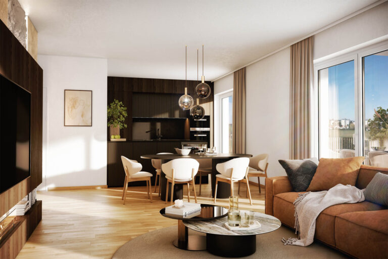 3D-Visualisierung eines modernen Wohnkomplexes mit privaten Gärten, Spielplatz und Sonnenuntergangsszenen in Amstetten