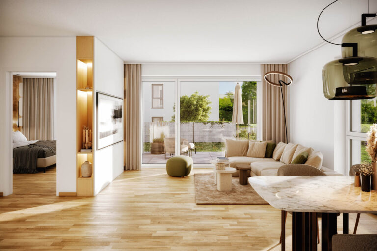 3D-Visualisierung eines modernen Wohnkomplexes mit privaten Gärten, Spielplatz und Sonnenuntergangsszenen in Amstetten