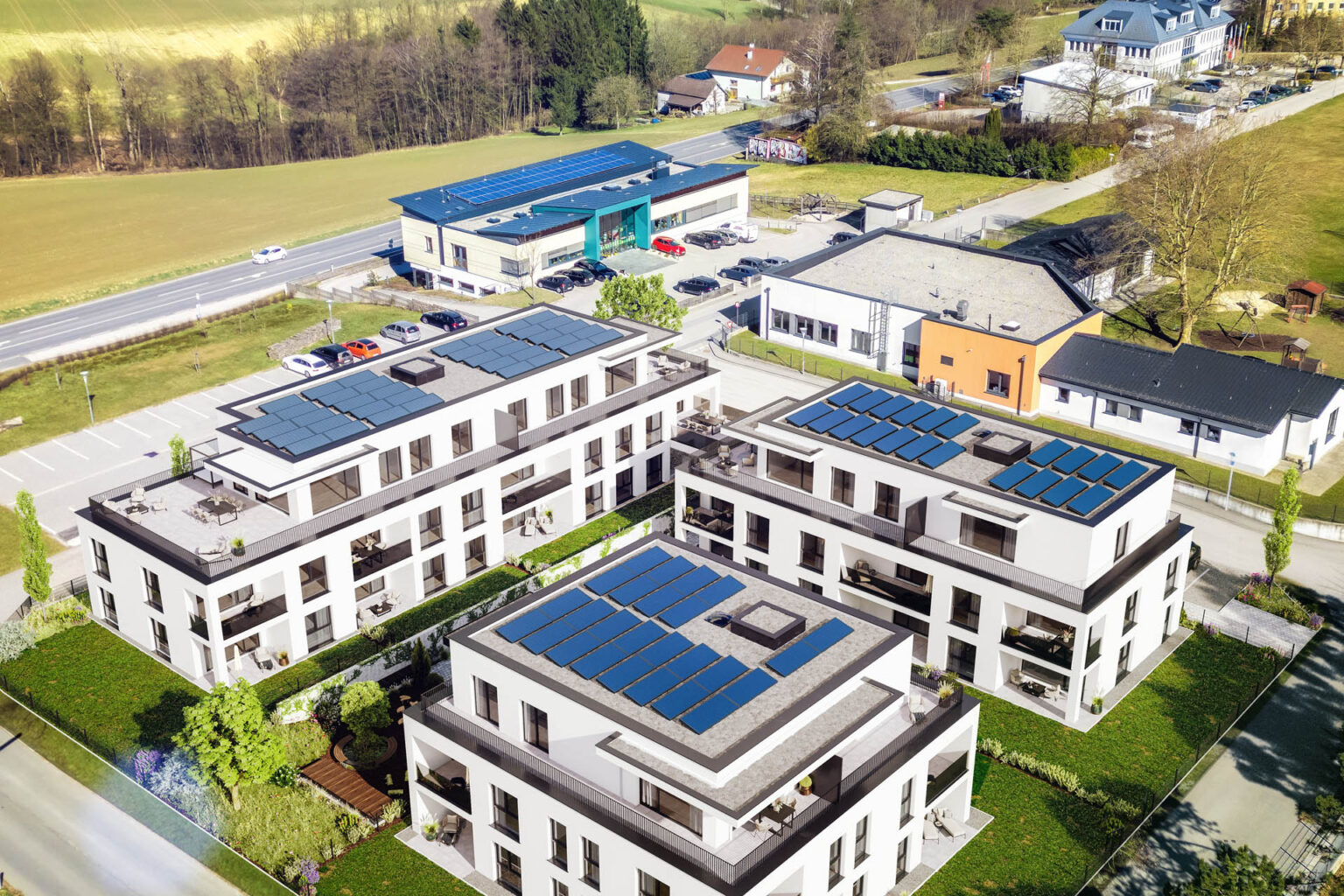 3D-Visualisierung eines modernen Wohnkomplexes mit privaten Gärten, Spielplatz und Sonnenuntergangsszenen in Amstetten