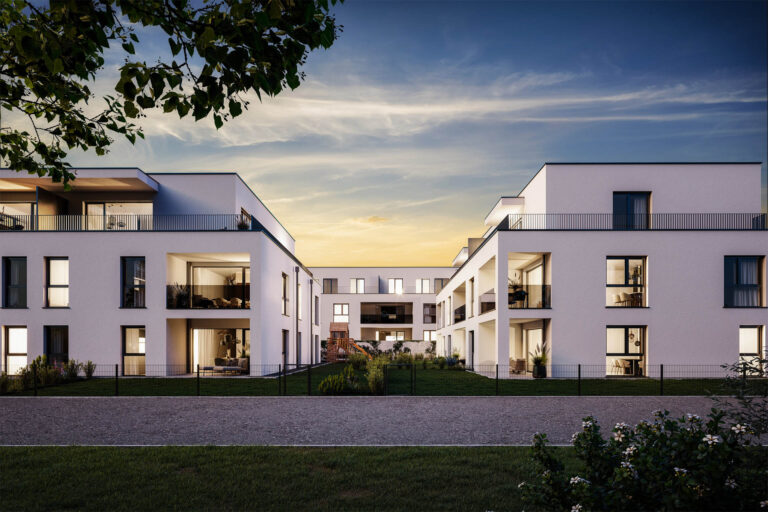 3D-Visualisierung eines modernen Wohnkomplexes mit privaten Gärten, Spielplatz und Sonnenuntergangsszenen in Amstetten