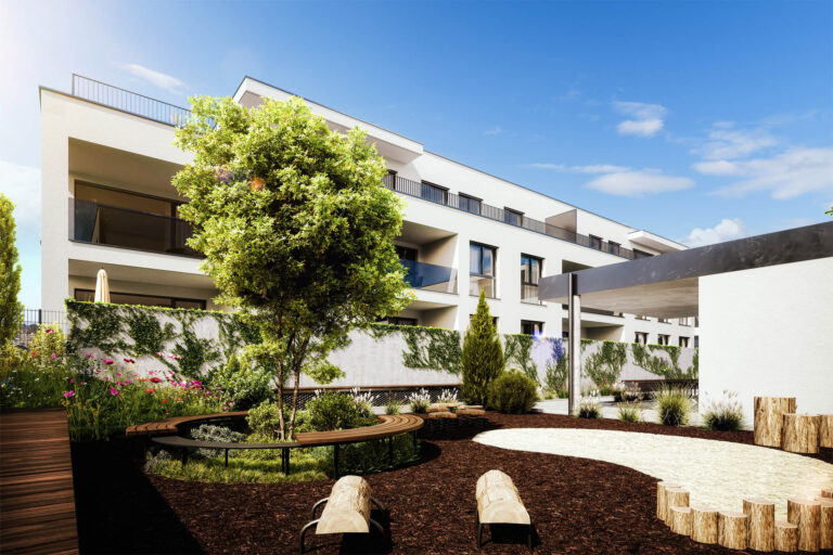3D-Visualisierung eines modernen Wohnkomplexes mit privaten Gärten, Spielplatz und Sonnenuntergangsszenen in Amstetten