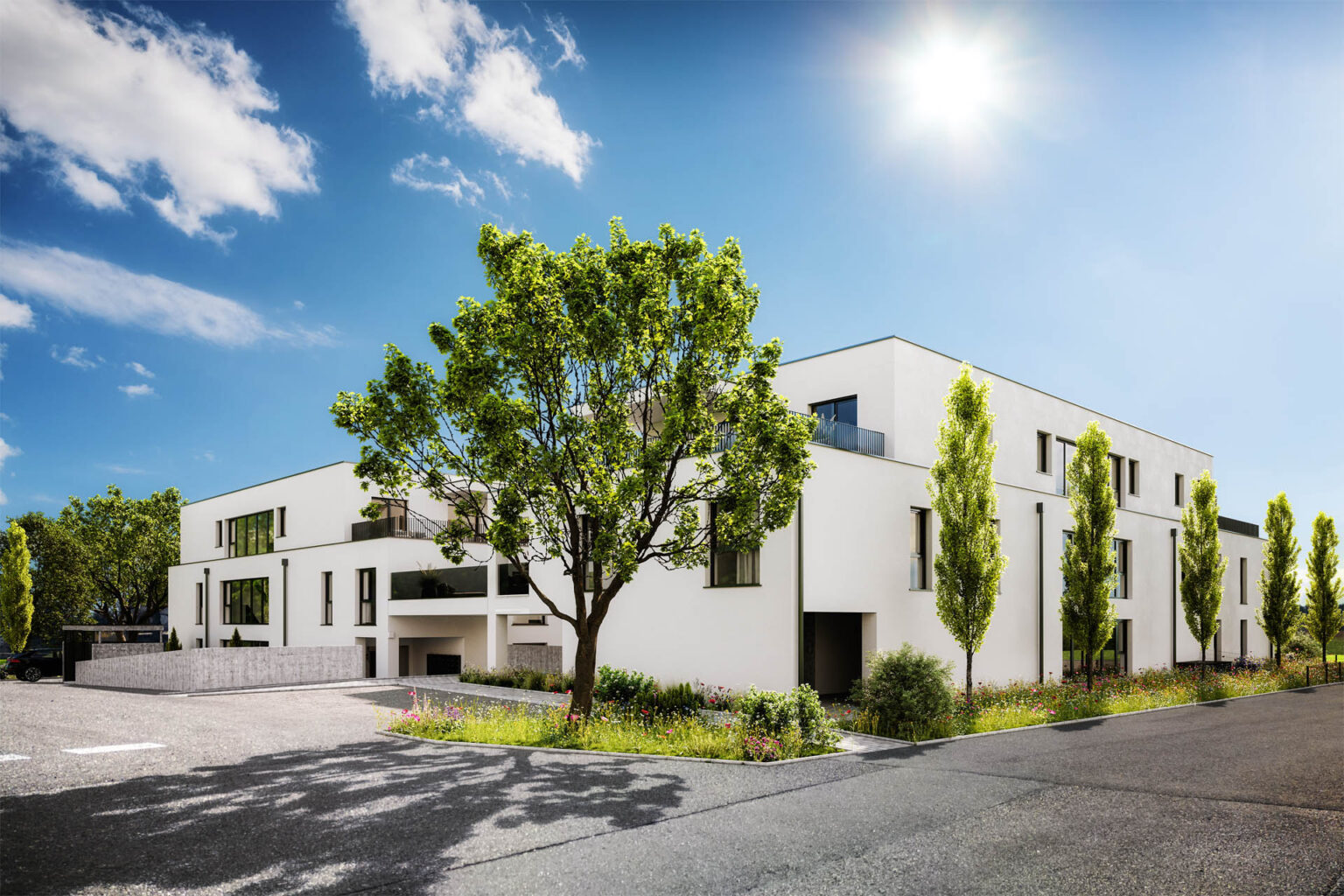 3D-Visualisierung eines modernen Wohnkomplexes mit privaten Gärten, Spielplatz und Sonnenuntergangsszenen in Amstetten