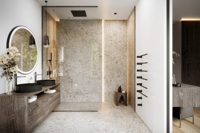 3D-Architekturvisualisierung eines modernen Wohngebäudes mit Pool, Lounge-Zonen und Photovoltaikanlage in Salzburg