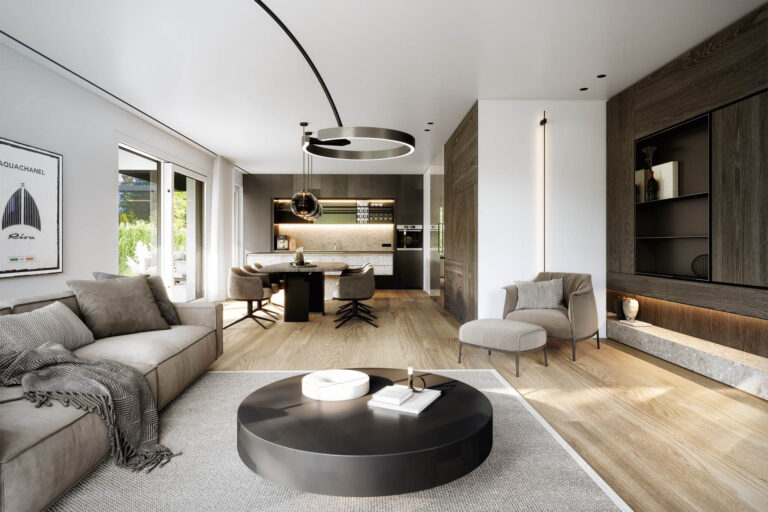 3D-Architekturvisualisierung eines modernen Wohngebäudes mit Pool, Lounge-Zonen und Photovoltaikanlage in Salzburg