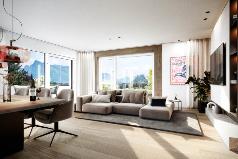 3D-Architekturvisualisierung eines modernen Wohngebäudes mit Pool, Lounge-Zonen und Photovoltaikanlage in Salzburg