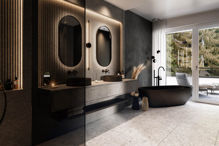 3D-Architekturvisualisierung eines modernen Wohngebäudes mit Pool, Lounge-Zonen und Photovoltaikanlage in Salzburg