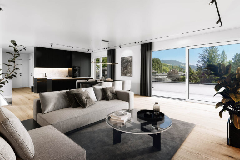 3D-Architekturvisualisierung eines modernen Wohngebäudes mit Pool, Lounge-Zonen und Photovoltaikanlage in Salzburg