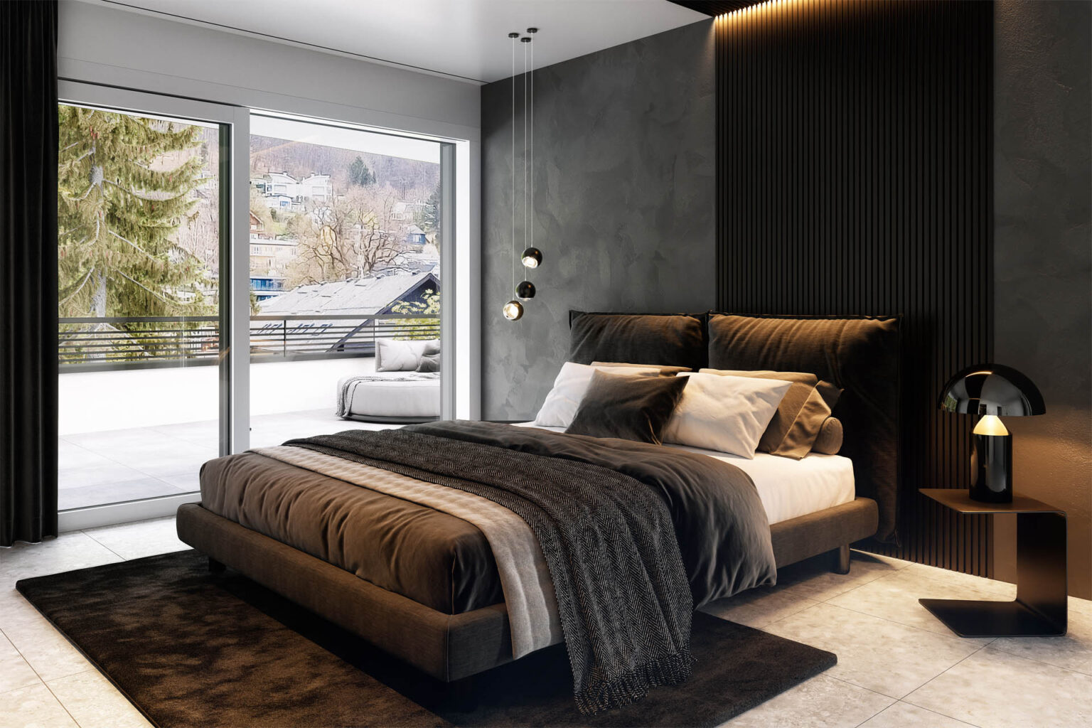 3D-Architekturvisualisierung eines modernen Wohngebäudes mit Pool, Lounge-Zonen und Photovoltaikanlage in Salzburg