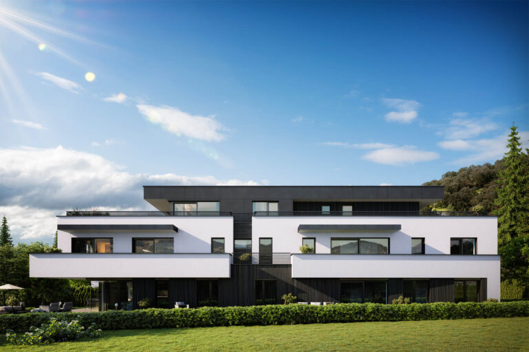3D-Architekturvisualisierung eines modernen Wohngebäudes mit Pool, Lounge-Zonen und Photovoltaikanlage in Salzburg