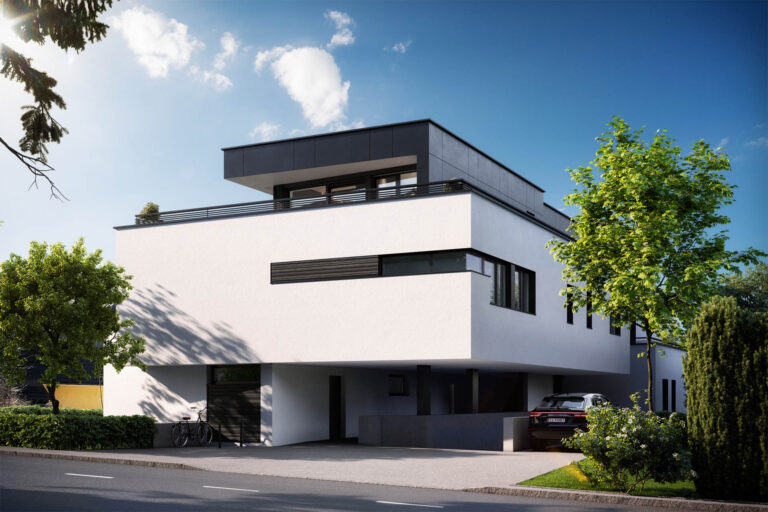 3D-Architekturvisualisierung eines modernen Wohngebäudes mit Pool, Lounge-Zonen und Photovoltaikanlage in Salzburg