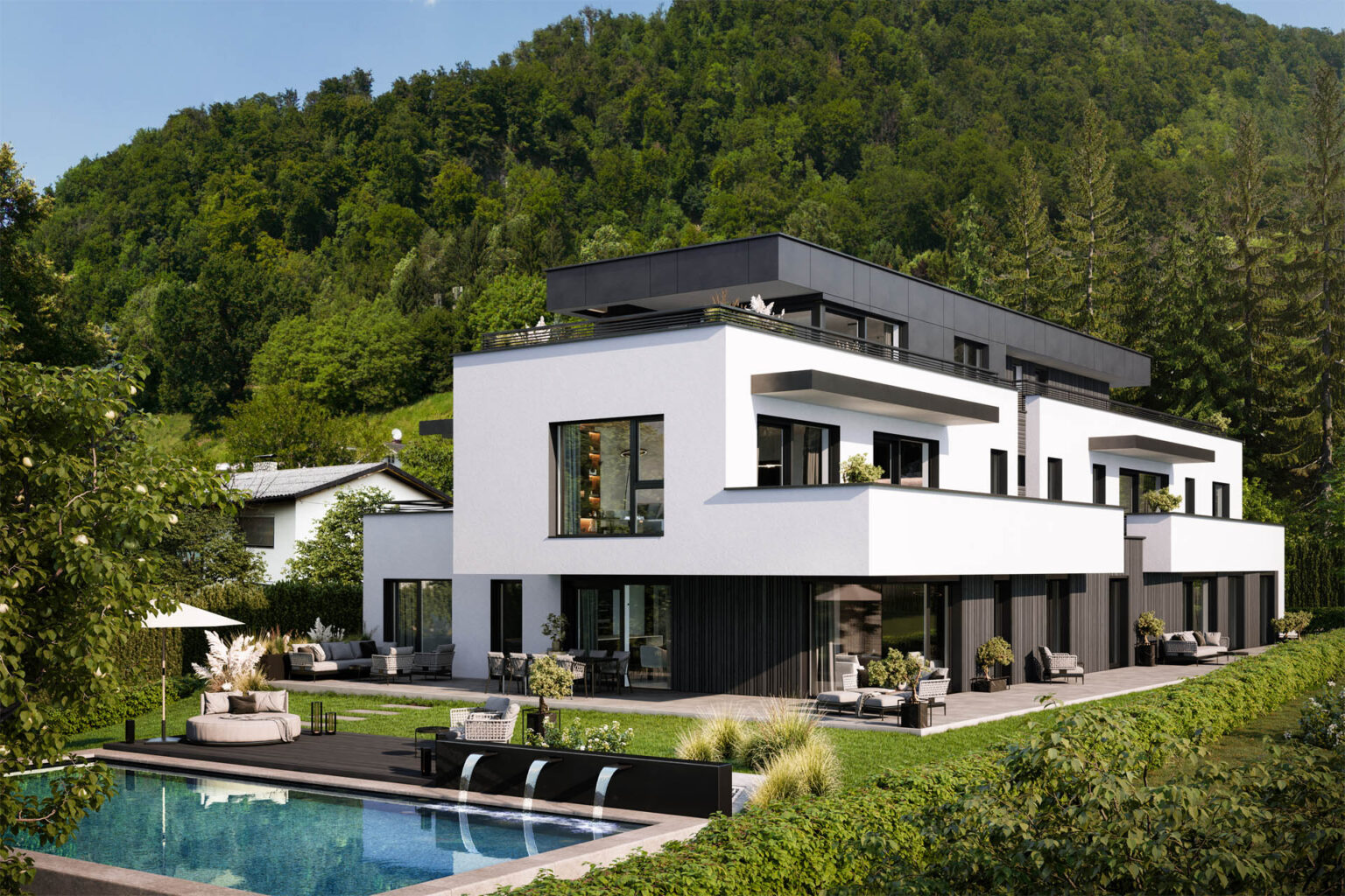 3D-Architekturvisualisierung eines modernen Wohngebäudes mit Pool, Lounge-Zonen und Photovoltaikanlage in Salzburg