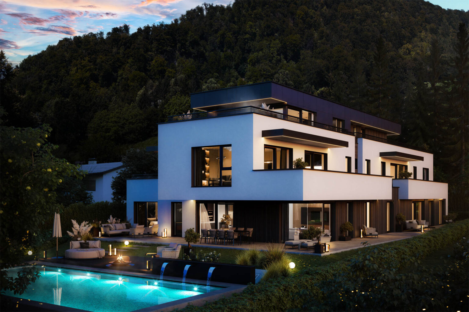 3D-Architekturvisualisierung eines modernen Wohngebäudes mit Pool, Lounge-Zonen und Photovoltaikanlage in Salzburg