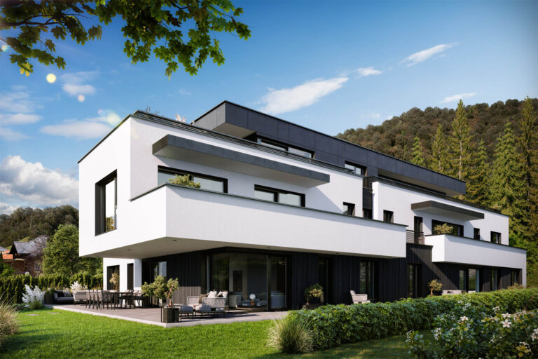 3D-Architekturvisualisierung eines modernen Wohngebäudes mit Pool, Lounge-Zonen und Photovoltaikanlage in Salzburg