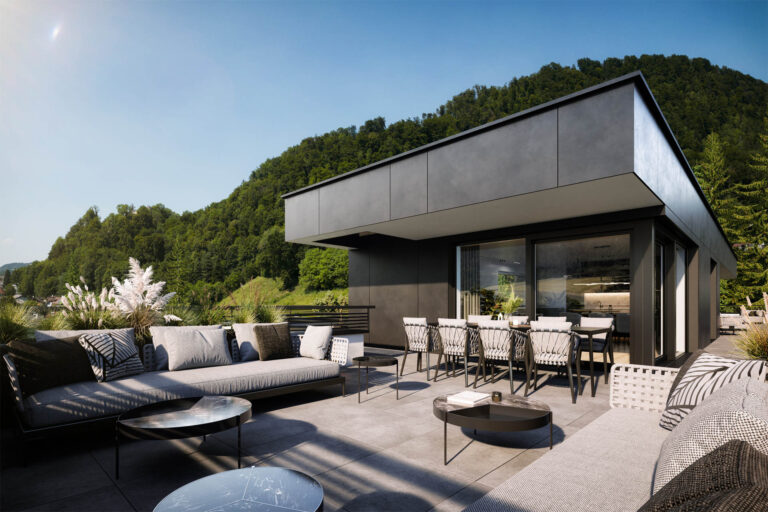3D-Architekturvisualisierung eines modernen Wohngebäudes mit Pool, Lounge-Zonen und Photovoltaikanlage in Salzburg