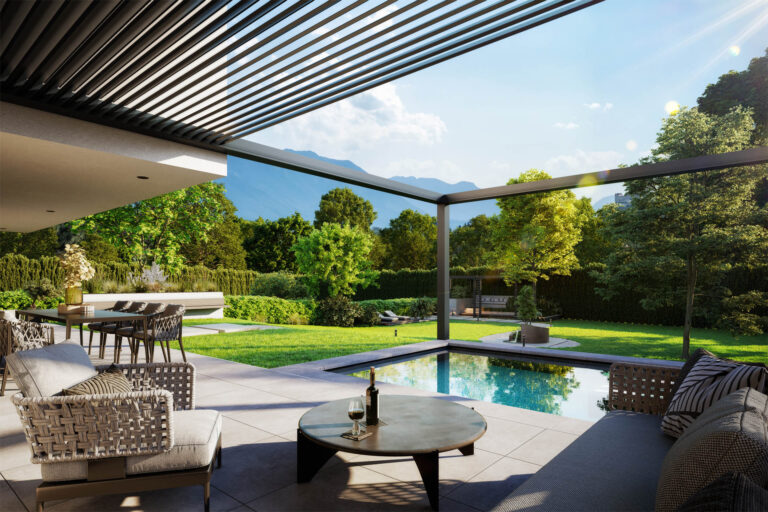 3D-Architekturvisualisierung eines modernen Wohngebäudes mit Pool, Lounge-Zonen und Photovoltaikanlage in Salzburg