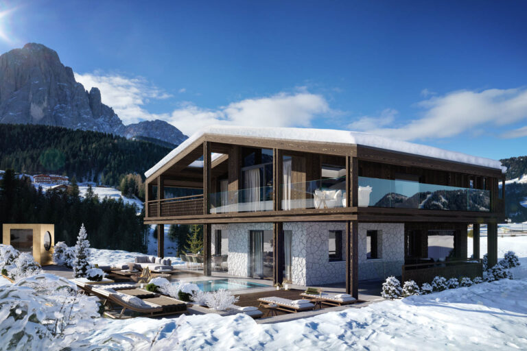 Exklusive 3D-Visualisierung eines Chalets in Südtirol mit Outdoor-Pool, privatem Spa und spektakulärem Bergpanorama