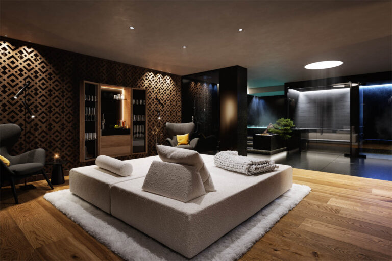 Exklusive 3D-Visualisierung eines Chalets in Südtirol mit Outdoor-Pool, privatem Spa und spektakulärem Bergpanorama