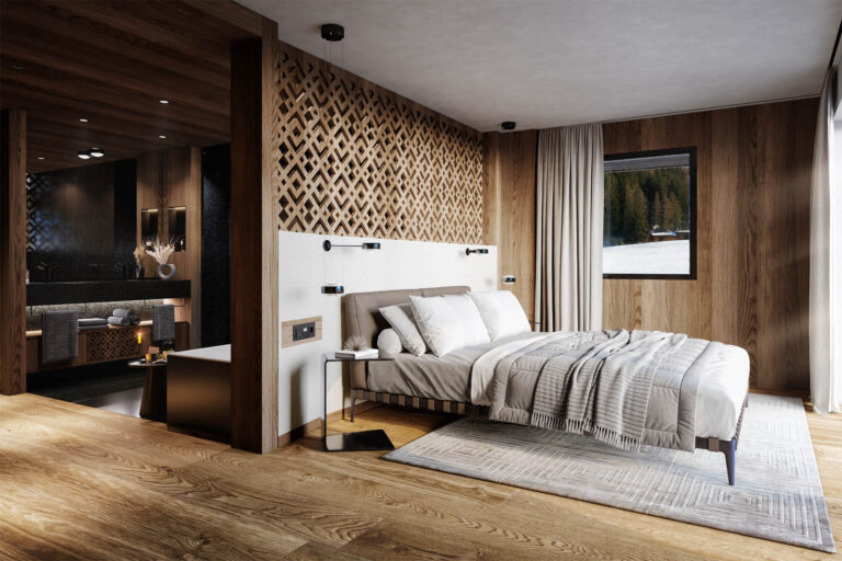 Exklusive 3D-Visualisierung eines Chalets in Südtirol mit Outdoor-Pool, privatem Spa und spektakulärem Bergpanorama