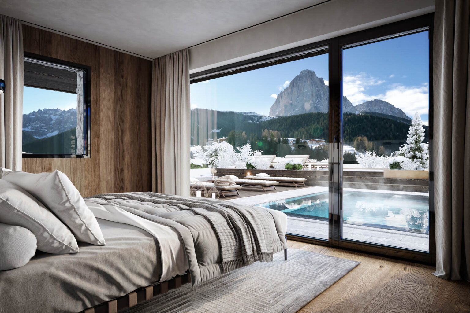 Exklusive 3D-Visualisierung eines Chalets in Südtirol mit Outdoor-Pool, privatem Spa und spektakulärem Bergpanorama