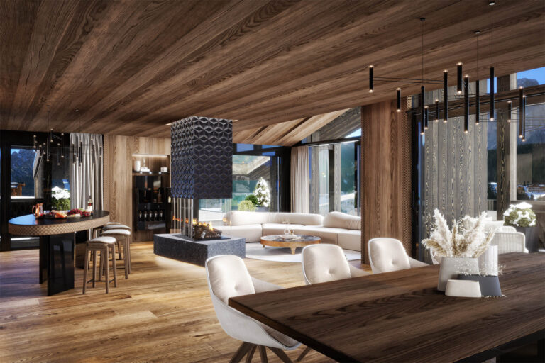 Exklusive 3D-Visualisierung eines Chalets in Südtirol mit Outdoor-Pool, privatem Spa und spektakulärem Bergpanorama
