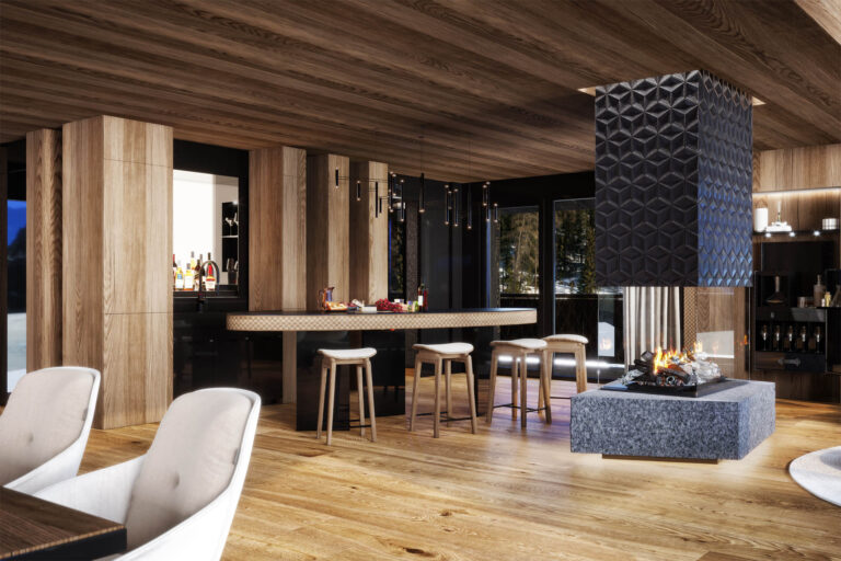 Exklusive 3D-Visualisierung eines Chalets in Südtirol mit Outdoor-Pool, privatem Spa und spektakulärem Bergpanorama