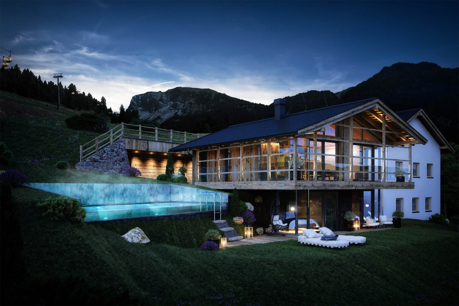 Naturverbundene 3D-Visualisierung eines Chalets mit Infinity-Pool, Spa-Bereich und stimmungsvoller Abendbeleuchtung in Gröden