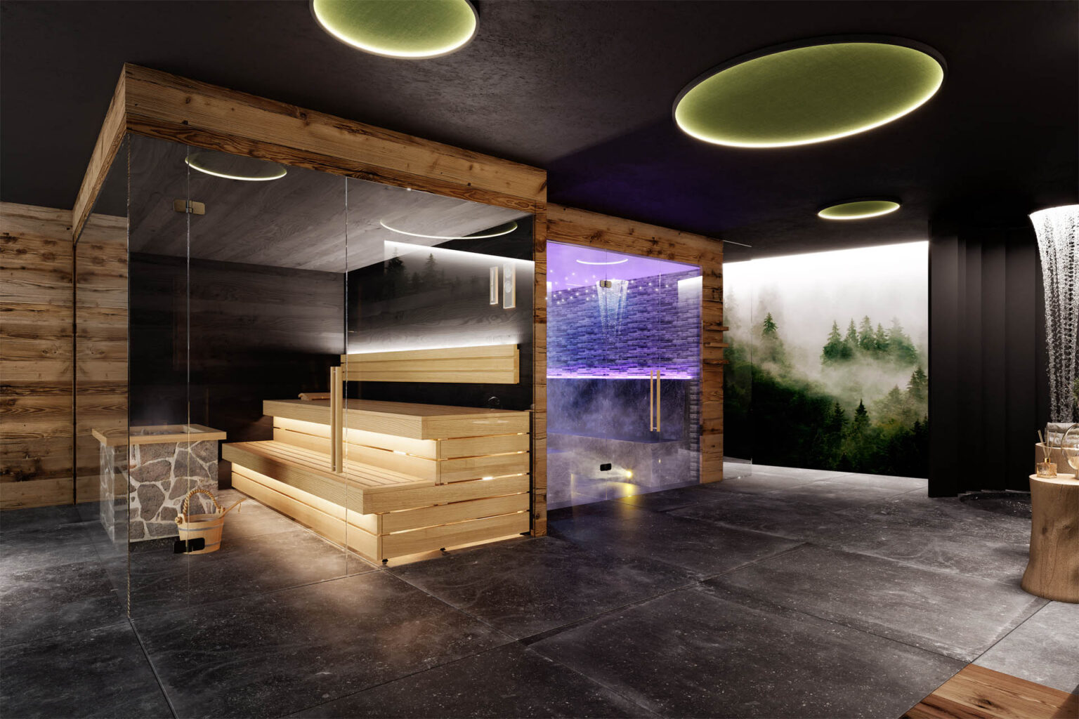 Naturverbundene 3D-Visualisierung eines Chalets mit Infinity-Pool, Spa-Bereich und stimmungsvoller Abendbeleuchtung in Gröden