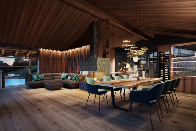 Naturverbundene 3D-Visualisierung eines Chalets mit Infinity-Pool, Spa-Bereich und stimmungsvoller Abendbeleuchtung in Gröden