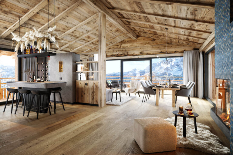 3D-Visualisierung eines luxuriösen Wellness-Chalets in Wolkenstein, Südtirol mit Spa-Bereich und Winterlandschaft