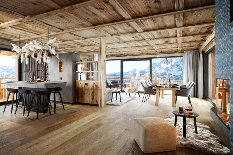 3D-Visualisierung eines luxuriösen Wellness-Chalets in Wolkenstein, Südtirol mit Spa-Bereich und Winterlandschaft