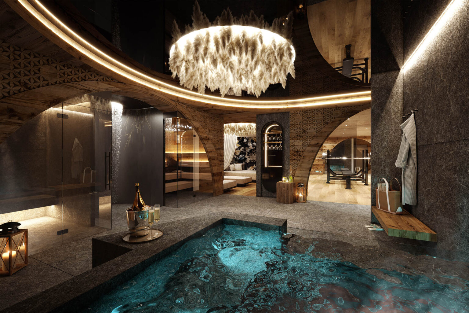 3D-Visualisierung eines luxuriösen Wellness-Chalets in Wolkenstein, Südtirol mit Spa-Bereich und Winterlandschaft