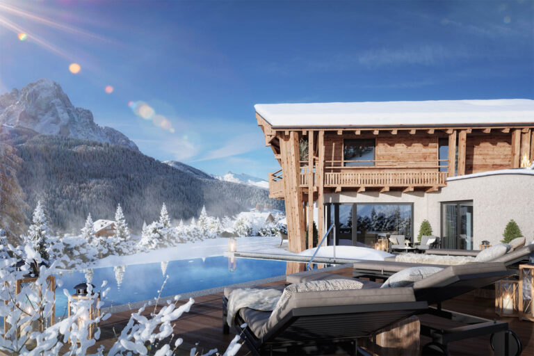 3D-Visualisierung eines luxuriösen Wellness-Chalets in Wolkenstein, Südtirol mit Spa-Bereich und Winterlandschaft