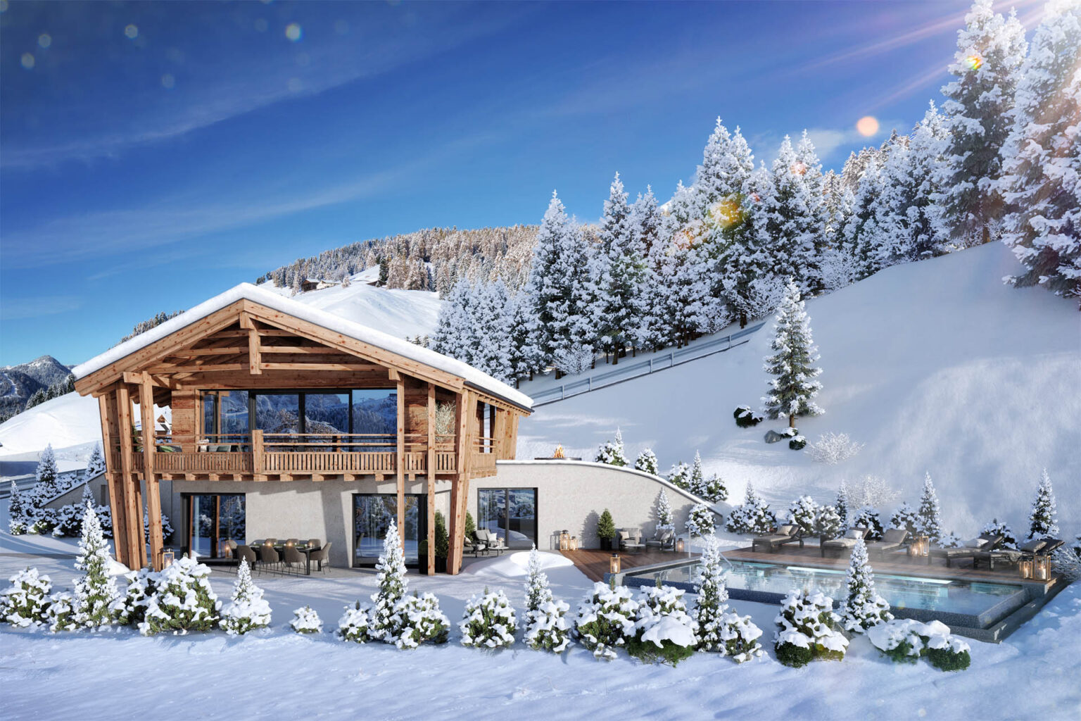 3D-Visualisierung eines luxuriösen Wellness-Chalets in Wolkenstein, Südtirol mit Spa-Bereich und Winterlandschaft