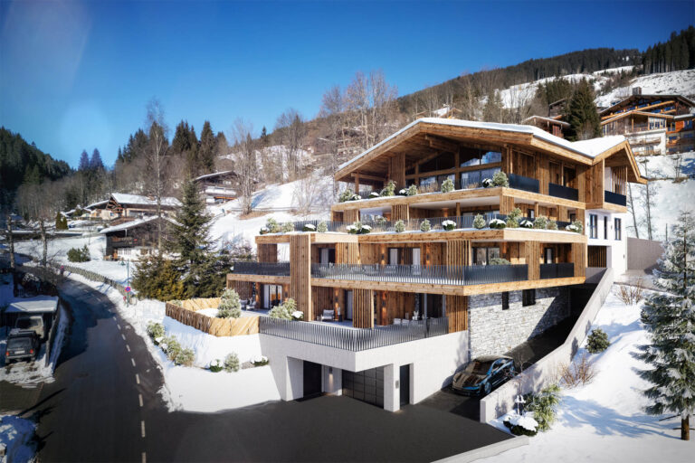3D-Visualisierung eines exklusiven Chalets in Saalbach-Hinterglemm mit großzügigen Terrassen und Blick auf die Skipiste