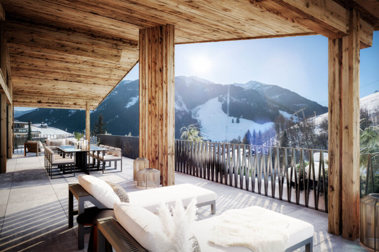 3D-Visualisierung eines exklusiven Chalets in Saalbach-Hinterglemm mit großzügigen Terrassen und Blick auf die Skipiste