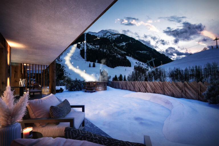 3D-Visualisierung eines exklusiven Chalets in Saalbach-Hinterglemm mit großzügigen Terrassen und Blick auf die Skipiste