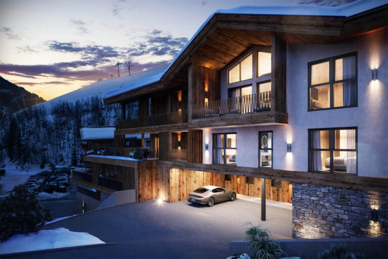 3D-Visualisierung eines exklusiven Chalets in Saalbach-Hinterglemm mit großzügigen Terrassen und Blick auf die Skipiste