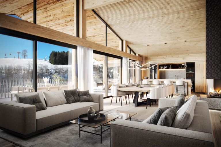 3D-Visualisierung eines exklusiven Chalets in Saalbach-Hinterglemm mit großzügigen Terrassen und Blick auf die Skipiste