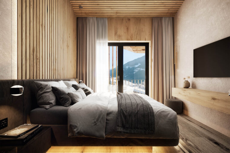 3D-Visualisierung eines exklusiven Chalets in Saalbach-Hinterglemm mit großzügigen Terrassen und Blick auf die Skipiste