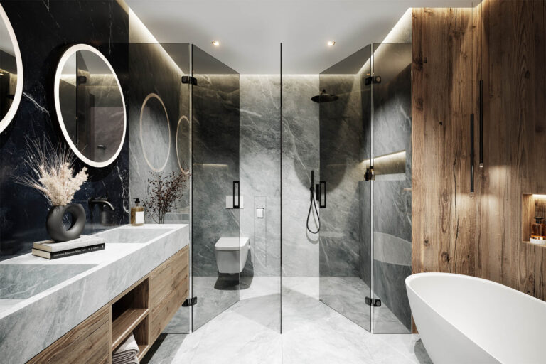 3D-Visualisierung eines exklusiven Chalets in Saalbach-Hinterglemm mit großzügigen Terrassen und Blick auf die Skipiste