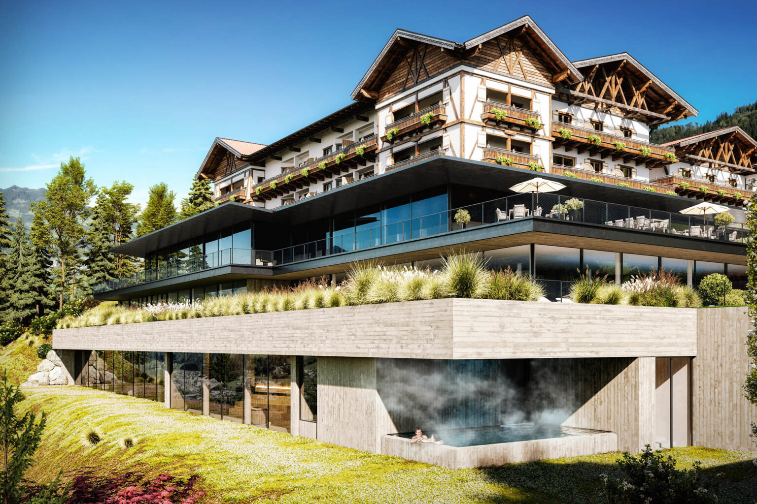 Erweiterung und 3D-Visualisierung des Hotel Oberforsthof mit Spa-Bereich, Sonnenterrasse und Gartenlandschaft