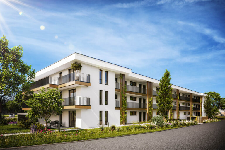 Realistische 3D-Visualisierung eines Mehrparteienhauses mit Innenhof, Spielplatz und abendlicher Lichtstimmung in Marchtrenk