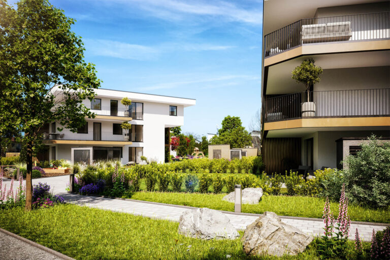 Realistische 3D-Visualisierung eines Mehrparteienhauses mit Innenhof, Spielplatz und abendlicher Lichtstimmung in Marchtrenk