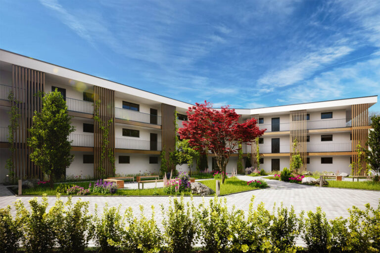 Realistische 3D-Visualisierung eines Mehrparteienhauses mit Innenhof, Spielplatz und abendlicher Lichtstimmung in Marchtrenk