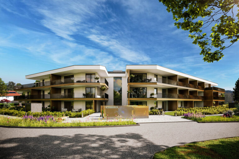 Realistische 3D-Visualisierung eines Mehrparteienhauses mit Innenhof, Spielplatz und abendlicher Lichtstimmung in Marchtrenk