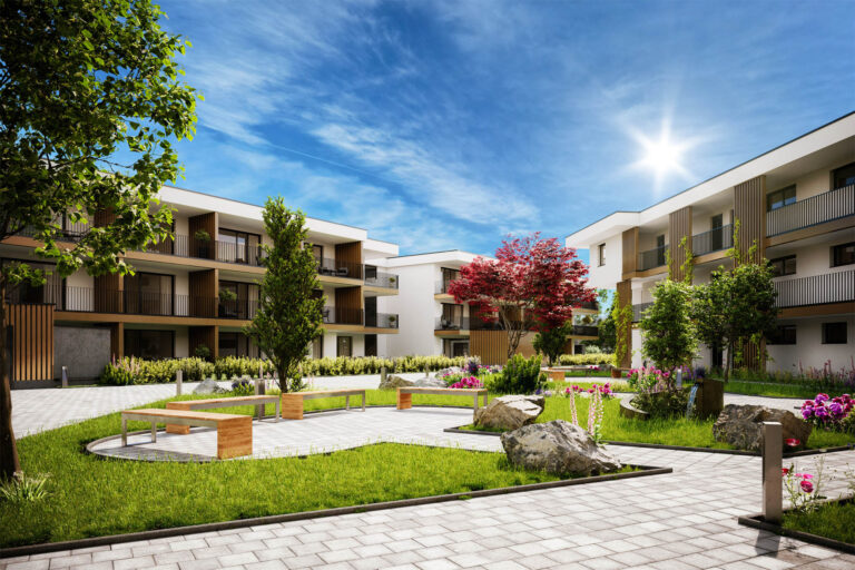 Realistische 3D-Visualisierung eines Mehrparteienhauses mit Innenhof, Spielplatz und abendlicher Lichtstimmung in Marchtrenk