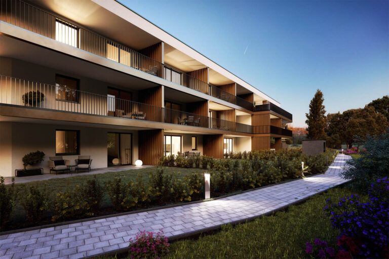 Realistische 3D-Visualisierung eines Mehrparteienhauses mit Innenhof, Spielplatz und abendlicher Lichtstimmung in Marchtrenk