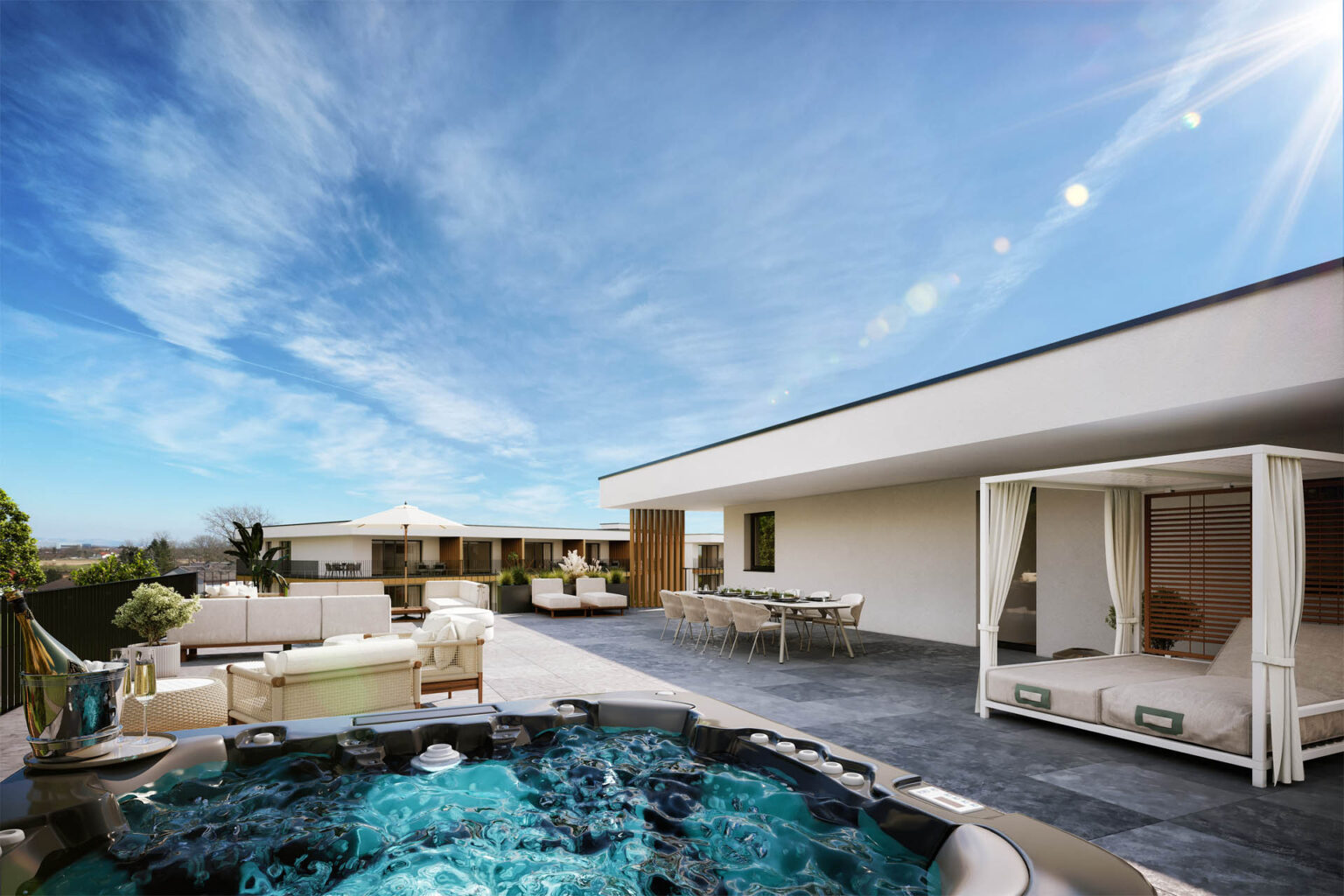 Realistische 3D-Visualisierung eines Mehrparteienhauses mit Innenhof, Spielplatz und abendlicher Lichtstimmung in Marchtrenk